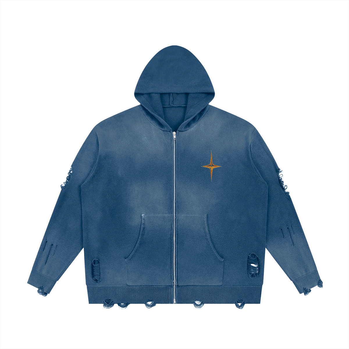 Unisex distressed full zip sweater