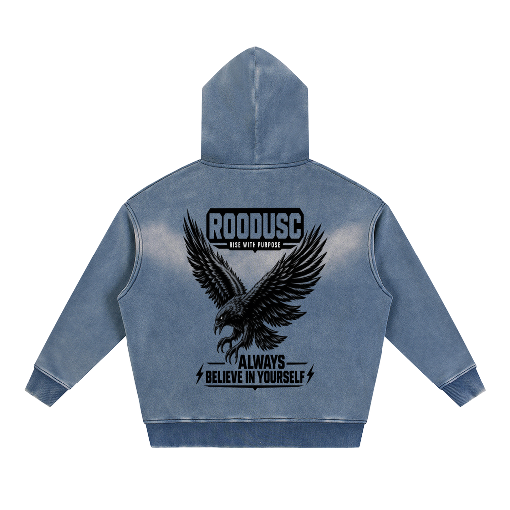 Sudadera con capucha ROODUSC de felpa, corte cuadrado y cremallera bidireccional con efecto desteñido por el sol
