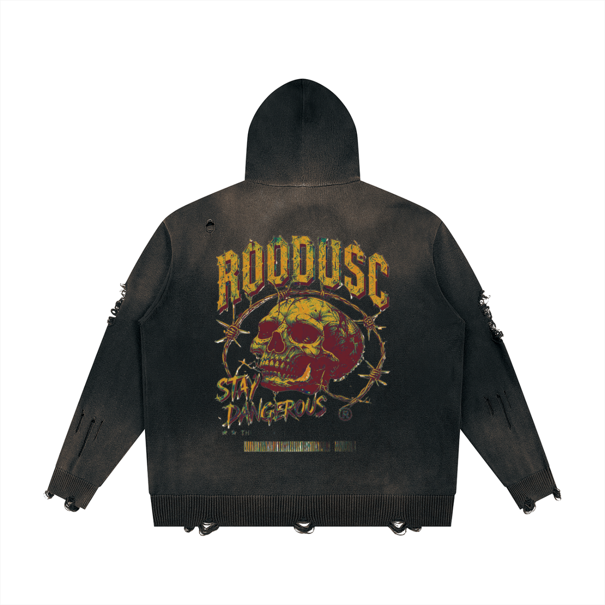Unisex distressed full zip sweater