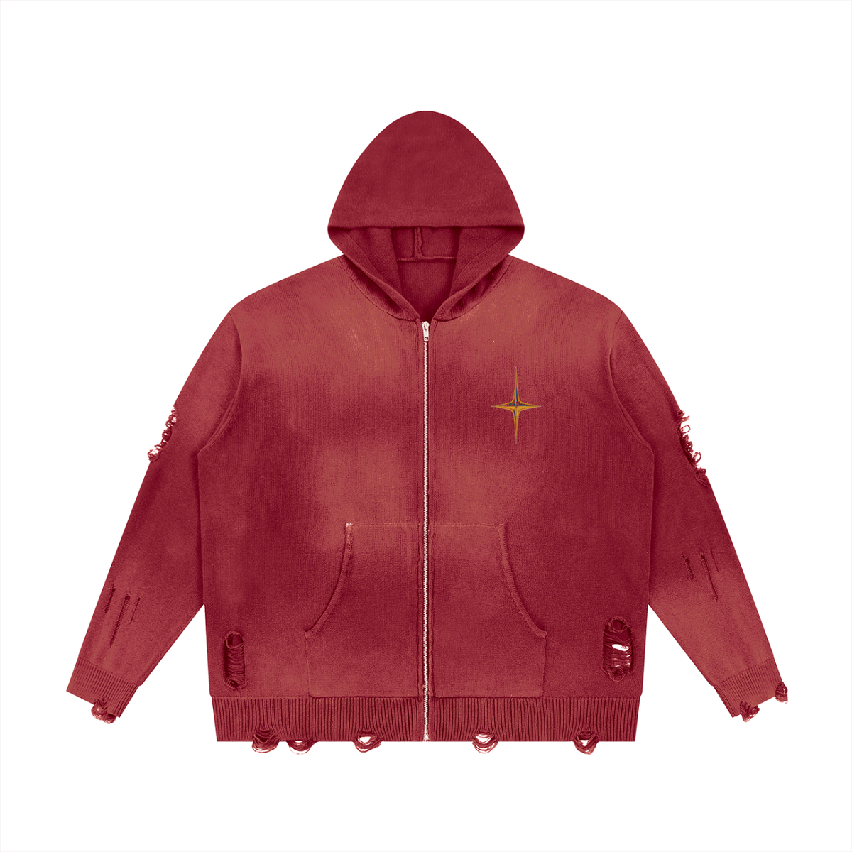 Unisex distressed full zip sweater