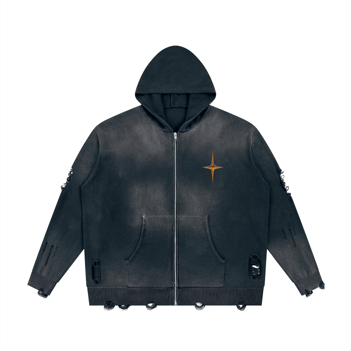 Unisex distressed full zip sweater