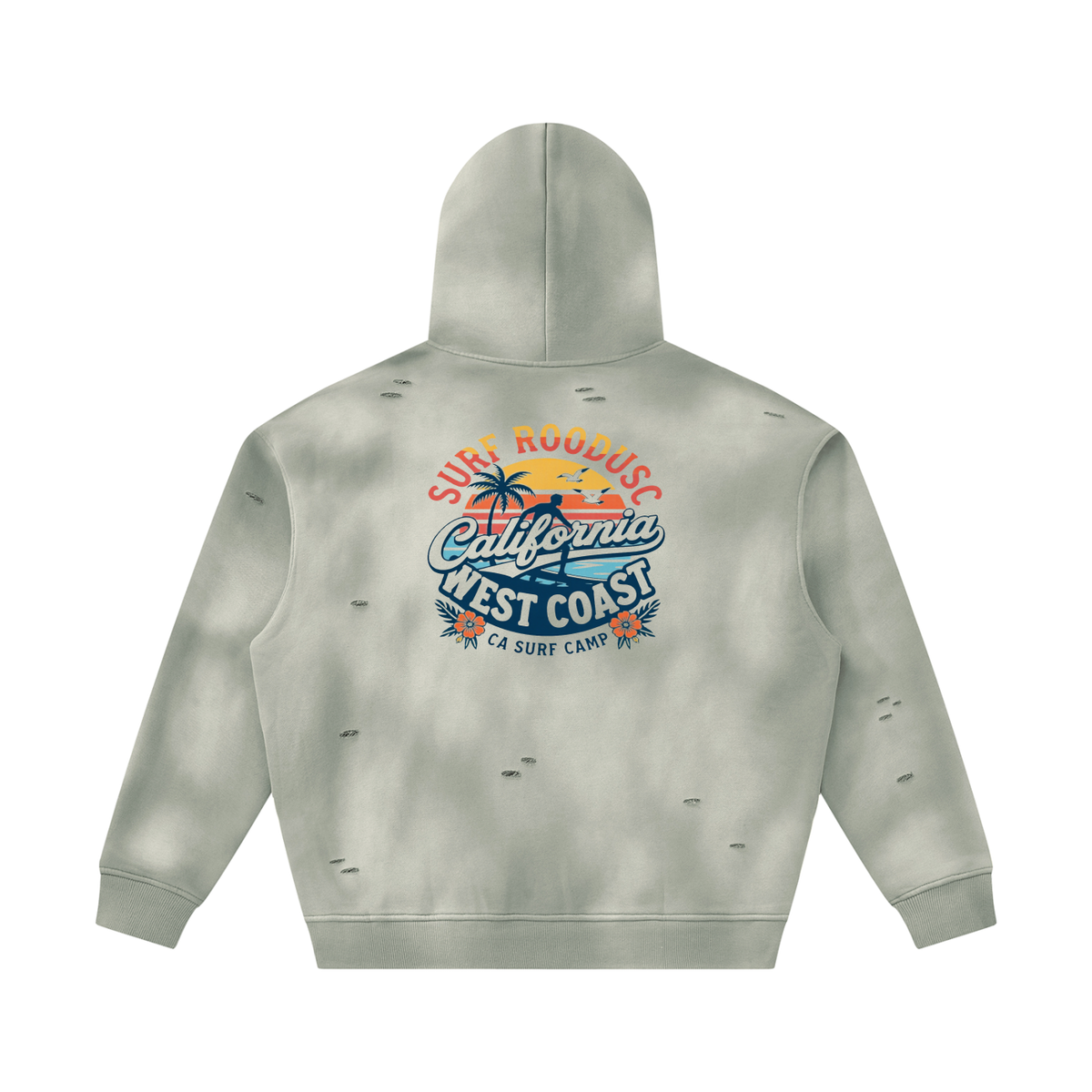 Sudadera con capucha ROODUSC de felpa, corte cuadrado y cremallera bidireccional con efecto desteñido por el sol