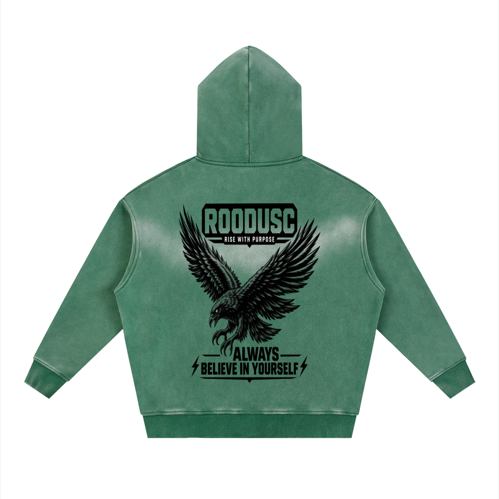 Sudadera con capucha ROODUSC de felpa, corte cuadrado y cremallera bidireccional con efecto desteñido por el sol