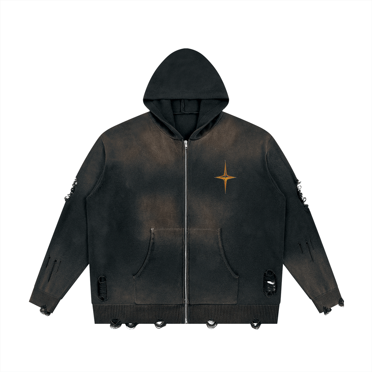 Unisex distressed full zip sweater